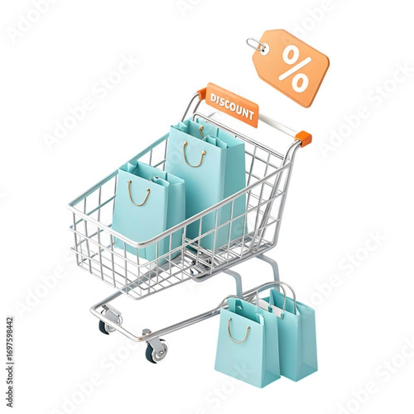 Fototapeta Shopping cart with bags and discount tag isolated on a transparent background