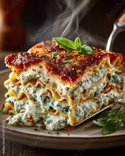 Fototapeta Delicious Layered Spinach Lasagna with Cheese and Fresh Herbs