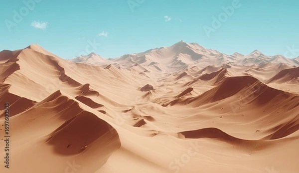 Fototapeta Vast desert landscape with dunes and mountains.  A serene vista of pale orange sand dunes sloping gently towards a backdrop of light beige-tan mountains, rising against a pale, 