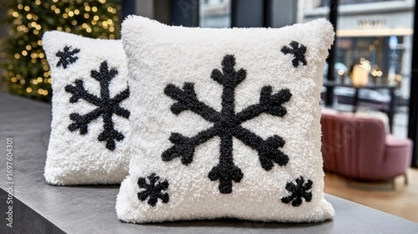 Obraz Two white sherpa throw pillows feature black snowflake designs