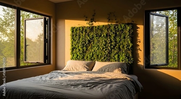 Fototapeta A cozy bedroom bathed in natural light, showcasing a refreshing green moss wall and open windows offering a scenic view.