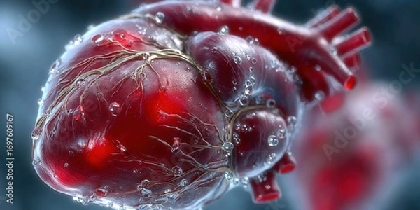 Fototapeta A detailed 3D rendering of a human heart, highlighting its intricate vascular system with water droplets.