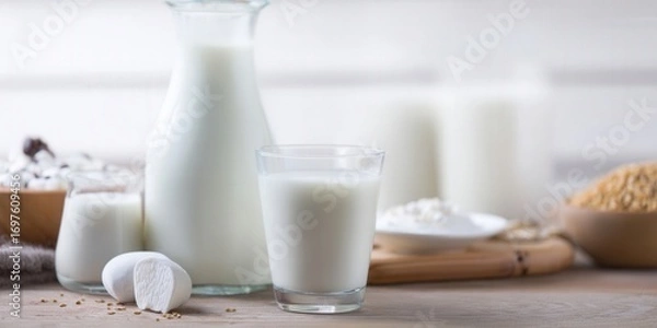 Fototapeta Dairy products elegantly arranged with milk in a glass, jug, and small jars on a wooden table.