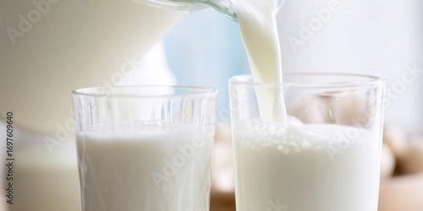 Fototapeta Fresh milk is being poured into two glasses in a clear setting, ready to enjoy.
