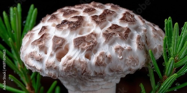 Fototapeta A detailed macro photograph showcases a beautiful mushroom with textured details and vibrant green needles.