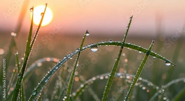 Fototapeta Close up of grass blades covered in dew drops with a blurred sun in the background during sunrise