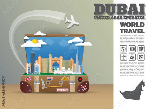 Fototapeta Dubai Landmark Global Travel And Journey Infographic luggage.3D Design Vector Template.vector/illustration. can be used for your business, advertisement or artwork.