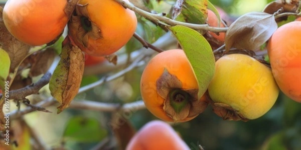 Fototapeta A close-up view of ripe persimmons hanging on a tree branch ready for harvest.