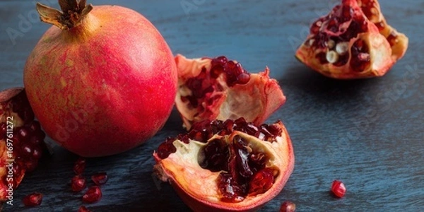 Fototapeta A close-up shot of pomegranates, showcasing their juicy red seeds and vibrant color.