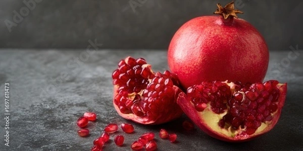 Fototapeta The photo depicts a whole pomegranate and two sections revealing the delicious red seeds.