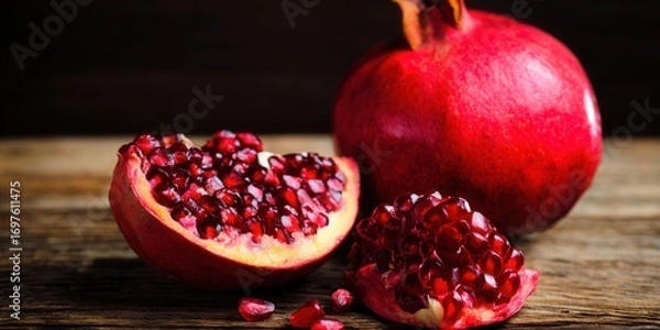 Fototapeta A ripe pomegranate is cut open to reveal its juicy red seeds, perfect for healthy eating.