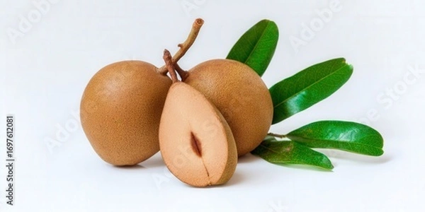 Fototapeta Sapodilla fruit display on a white background, showcasing freshness and natural beauty.
