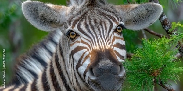 Fototapeta Striking zebra portrait capturing the essence of the African wilderness, with its distinctive stripes