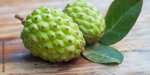 Fototapeta Two cherimoya fruits with their leaves resting on a rustic wooden surface.