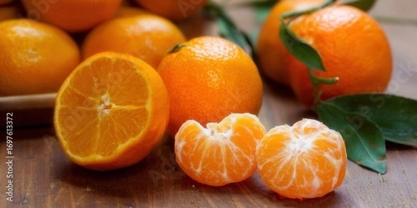 Fototapeta Vibrant tangerines, some peeled, create a fresh, healthy, and delicious fruit scene.