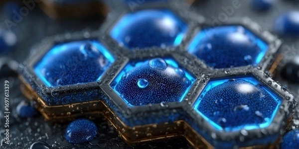 Fototapeta Illuminated blue honeycomb structure with water droplets, a futuristic macro view.
