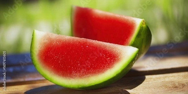 Fototapeta Two juicy watermelon slices on a wooden table, perfect for a summer day picnic.
