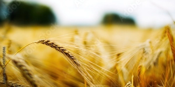 Fototapeta A close-up shot of golden wheat fields ready for harvest in the summer sun.