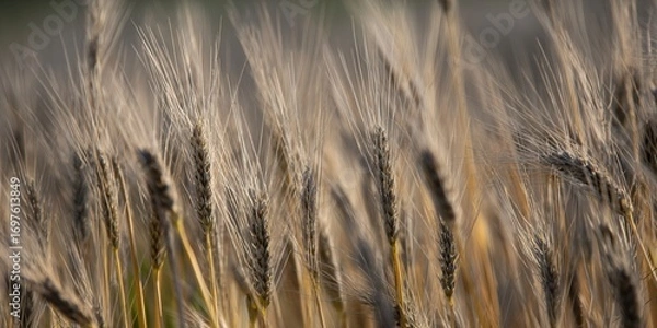 Fototapeta Beautiful close-up of wheat crops, showcasing the textures and details in the field during the golden hour.