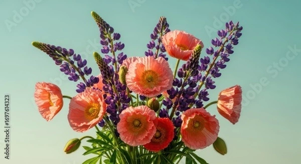 Fototapeta A bouquet of pink poppies and purple lupines against a light blue background in a soft focus shot