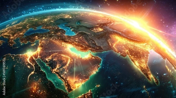 Obraz Earth at night, lit by city lights, with sunburst effect