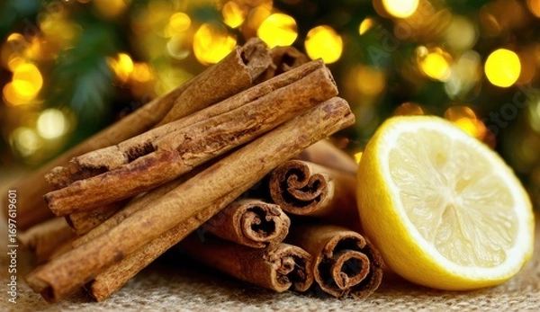 Obraz Cinnamon sticks and lemon slice against a blurred Christmas lights background