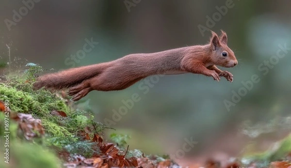 Fototapeta Red squirrel leaping through forest foliage