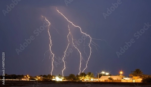 Fototapeta Night storm with multiple lightning strikes over a town