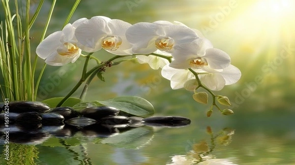 Fototapeta White orchids on water, surrounded by stones and greenery, bathed in sunlight