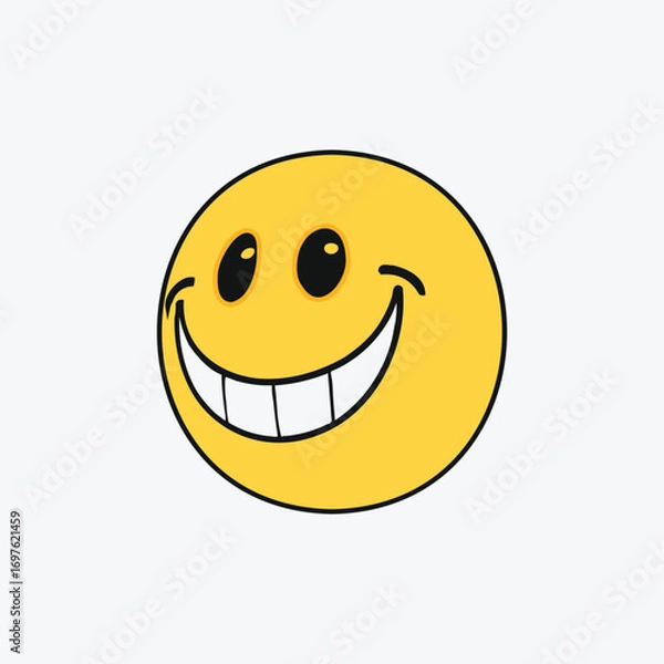 Fototapeta Classic Smiley Face with Big Grin Round Yellow Emoticon with Playful Expression Positive Vibes and Black Outline