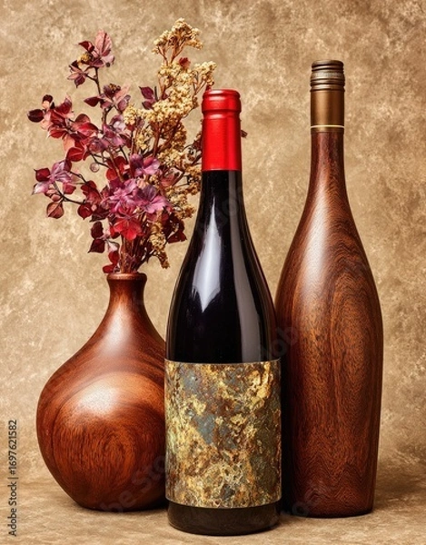 Fototapeta Still life of two wooden vases and two wine bottles