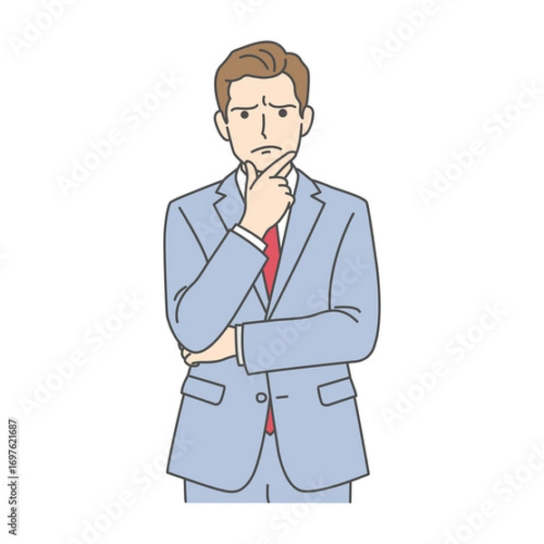 Fototapeta Illustration of a businessman wearing a suit, thinking about an idea in a pensive pose
