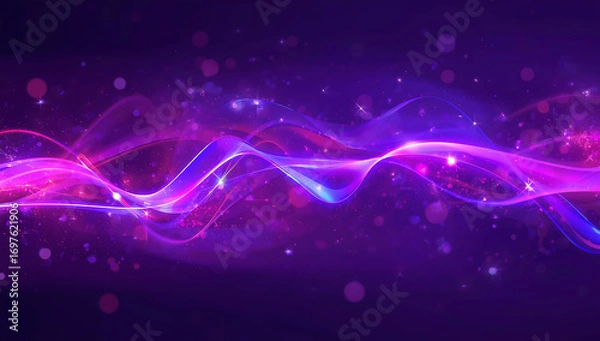 Fototapeta A vibrant abstract digital background featuring glowing neon light trails and flowing energy waves. Bright streaks of purple, pink, and blue swirl across a midnight gradient with sparkling particles, 