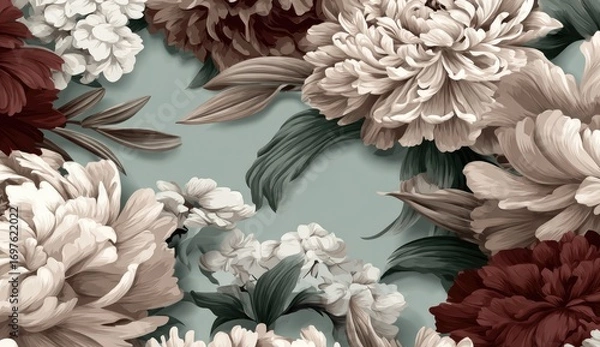 Fototapeta Floral print with peonies, hydrangeas, and muted tones