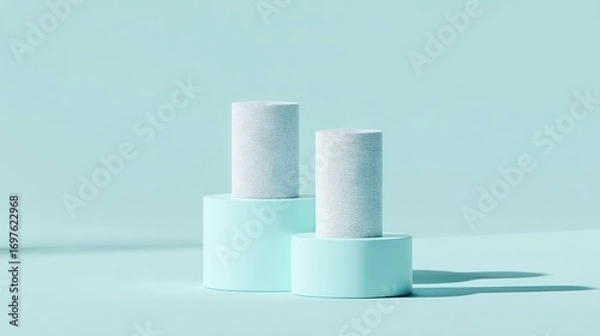 Fototapeta Two light teal cylindrical pedestals, stacked, with a textured, off-white top