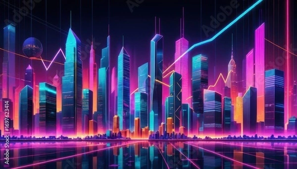 Fototapeta Vibrant neon-lit futuristic cityscape with skyscrapers and colorful light trails reflecting a digital economy and technological innovation at night