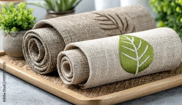 Fototapeta Rolled, light beige and taupe fabric placemats, embroidered with leaves, displayed on a light brown bamboo tray. Small potted plants nearby
