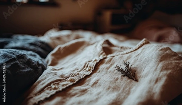 Fototapeta Close-up of a light beige linen shirt atop folded linen bedding in a room