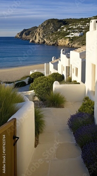 Fototapeta Coastal pathway leading to white homes with a beach view