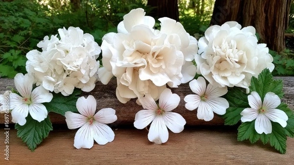 Fototapeta Three clusters of creamy white flowers, possibly peonies or hydrangeas, on a light brown wooden surface amidst greenery