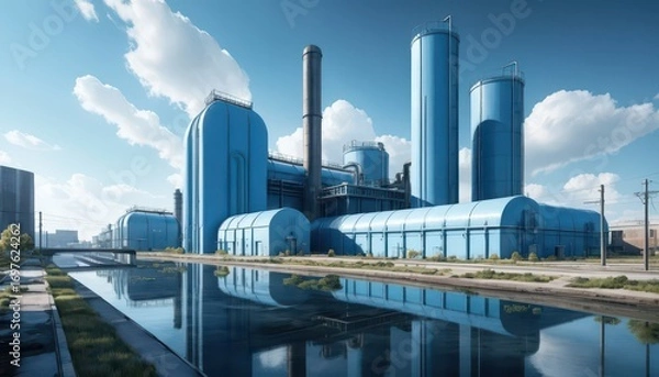 Fototapeta Modern industrial factory with tall processing units, large storage tanks, and clean environment in daytime with cloudy sky and water reflection