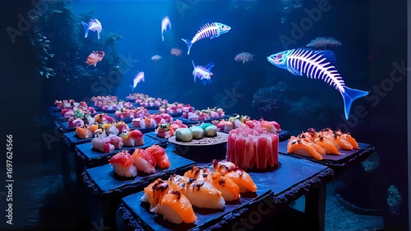Obraz Haunted underwater sushi banquet: glowing rolls on coral altars, neon skeleton fish circling. - Haunted underwater sushi banquet: glowing rolls on coral altars, neon skeleton fish circling.