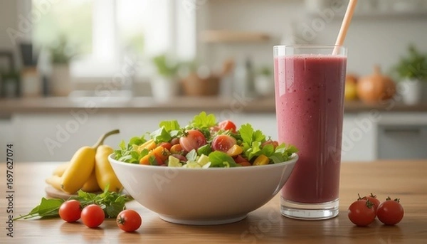 Fototapeta Enjoy a vibrant salad and delicious smoothie for a healthy and refreshing meal in a bright kitchen