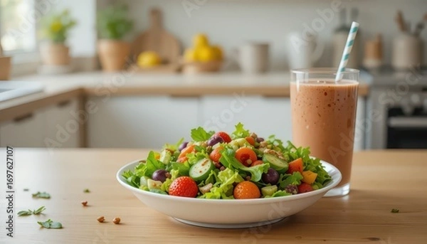Fototapeta Enjoy vibrant salad with fresh smoothie for a healthy and delicious lifestyle choice at home today