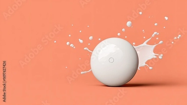 Fototapeta A white orb rests on a coral-colored surface, surrounded by milk splashes