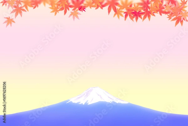 Obraz 富士山と紅葉の葉、夕日又は朝日の背景イラスト