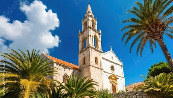 Fototapeta Brightly lit historic church with tall bell tower surrounded by lush palm trees under a clear blue sky du daytime, showcasing architecture and tropical landscape