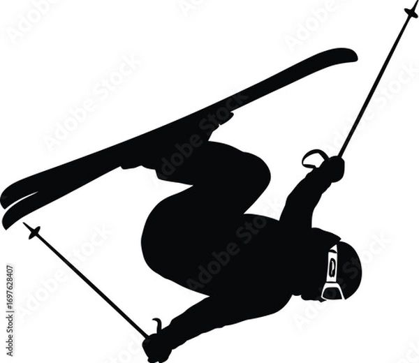 Fototapeta Silhouette of a freestyle skier performing a trick, capturing action and skill