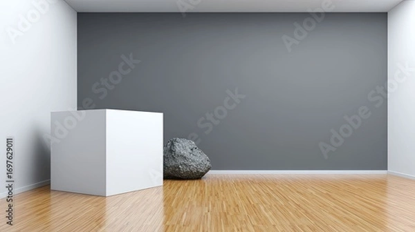 Fototapeta Empty gallery space, white cube, gray wall, rock