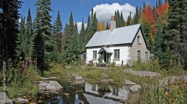 Fototapeta Rustic stone house by a tranquil pond in autumn forest